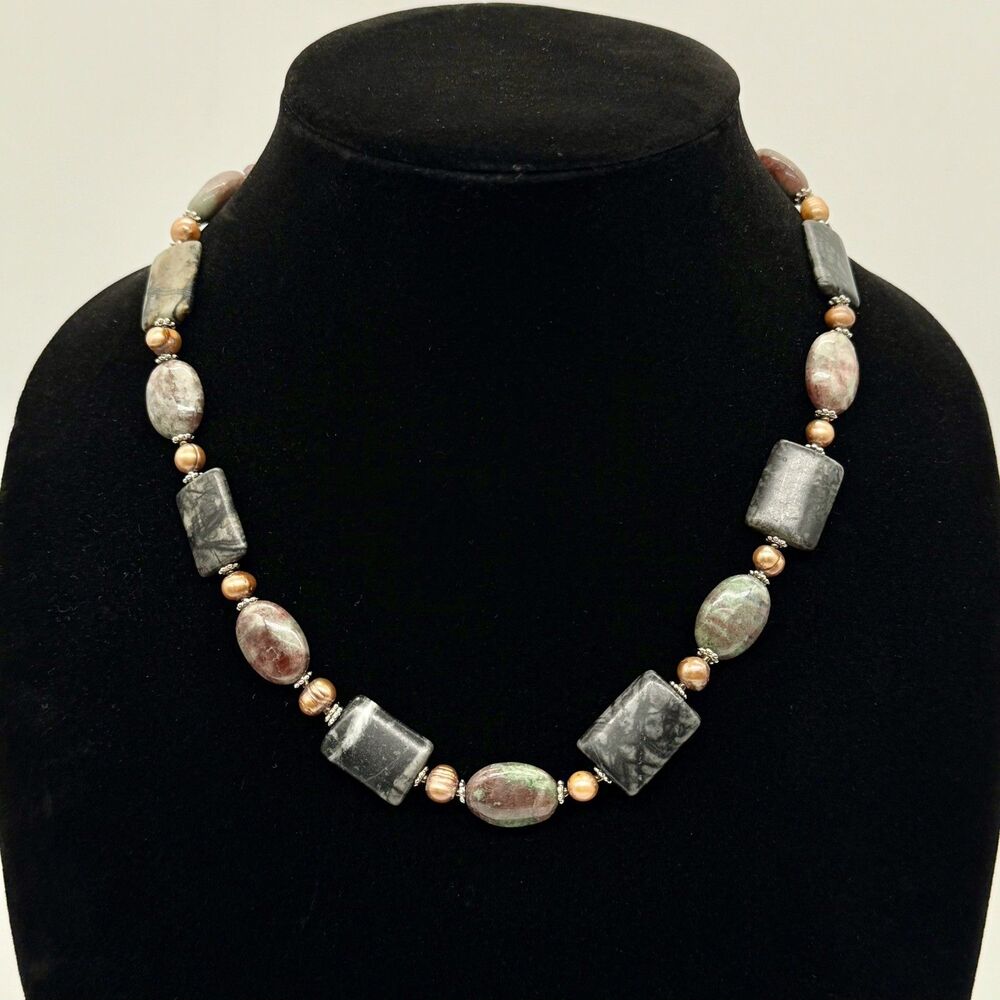 Natural Ruby Zoisite Jasper Polished Stone Bead Necklace Copper Accents Boho